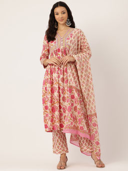 Jaipur Morni - Floral Printed Empire Sequinned Pure Cotton Kurta With Pant & Dupatta (Set of 3)