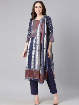 NEERU'S - Navy Blue Printed Straight Kurta & Pant With Dupatta (Set of 3)