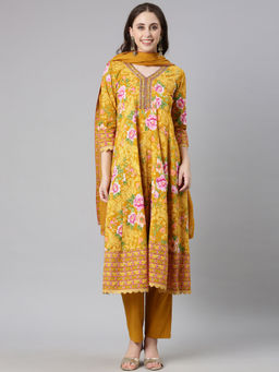 NEERU'S - Mustard Printed Anarkali Kurta & Pant With Dupatta (Set of 3)