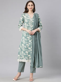 NEERU'S - Light Green Printed Straight Kurta & Pant With Dupatta (Set of 3)
