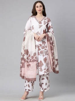 NEERU'S - Brown Printed Straight Kurta & Pant With Dupatta (Set of 3)