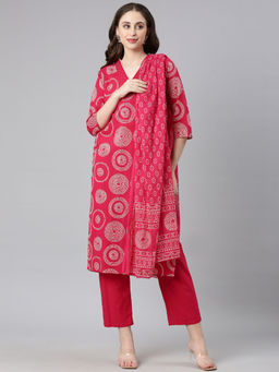 NEERU'S - Rani Pink Printed Straight Kurta & Pant With Dupatta (Set of 3)