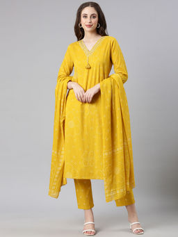 NEERU'S - Mustard Printed Straight Kurta & Pant With Dupatta (Set of 3)