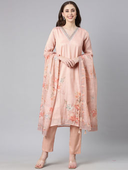 NEERU'S - Peach Printed Straight Kurta & Pant With Dupatta (Set of 3)
