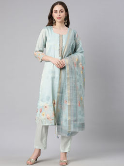NEERU'S - Mint Printed Straight Kurta & Pant With Dupatta (Set of 3)