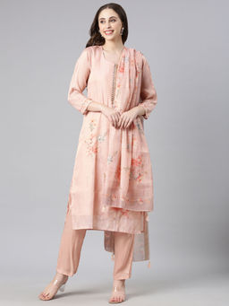 NEERU'S - Peach Printed Straight Kurta & Pant With Dupatta (Set of 3)