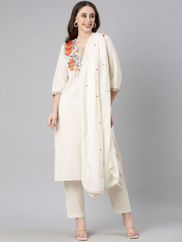 NEERU'S - Off White Embroidered Straight Kurta & Pant With Dupatta (Set of 3)