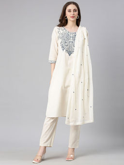 NEERU'S - Off White Embroidered Straight Kurta & Pant With Dupatta (Set of 3)