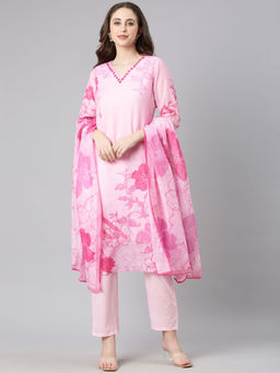 NEERU'S - Rose Pink Printed Straight Kurta & Pant With Dupatta (Set of 3)