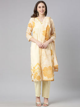NEERU'S - Yellow Printed Straight Kurta & Pant With Dupatta (Set of 3)