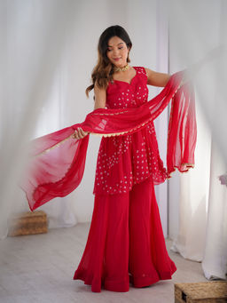 Rangpur - Crimson Pink Peplum Kurta & Flared Palazzo With Dupatta (Set of 3)
