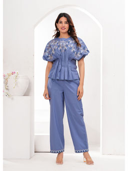 Zolo Label - Serene Blue Cotton Embroidered Co-Ord (Set of 2)