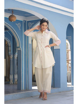 Zolo Label - Brown Embroidered Beige Cotton Co-Ord (Set of 2)