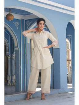 Zolo Label - Maroon Embroidered Beige Cotton Co-Ord (Set of 2)