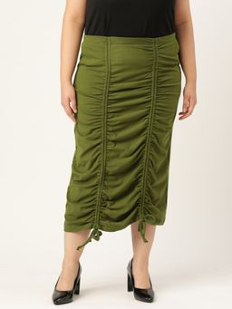 theRebelinme - Plus Size Womens Olive Green Solid Color Pleated Detail Midi Skirt