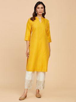 Fabindia - Mustard Cotton Silk Straight Knee Length Kurta