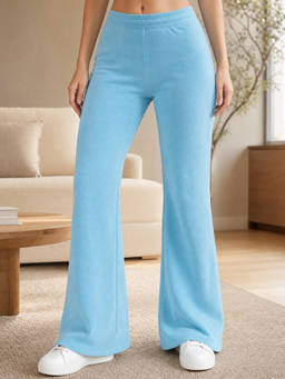 Nobero - Womens Solid Blue Flared Terry Pant