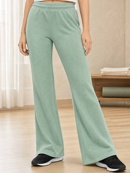 Nobero - Womens Solid Green Flared Terry Pant