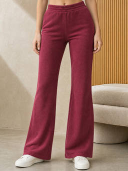 Nobero - Womens Solid Maroon Flared Terry Pant