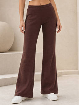 Nobero - Womens Solid Brown Flared Terry Pant