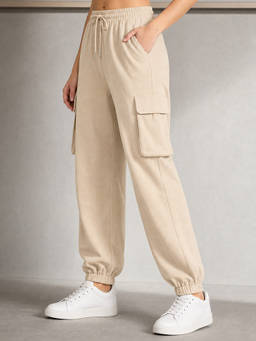 Nobero - Womens Solid Beige Oversized Cargo Joggers
