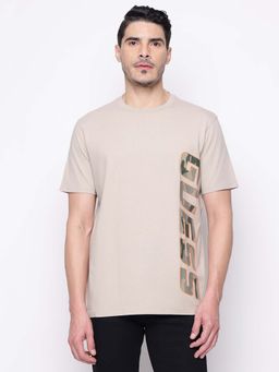 Guess - Men Beige Printed Crew Neck T-Shirt