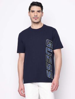 Guess - Men Navy Blue Printed Crew Neck T-Shirt