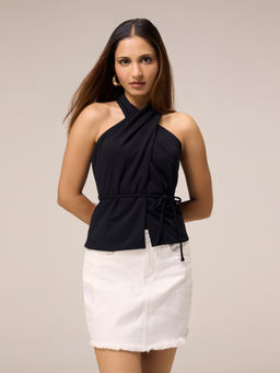 Twenty Dresses by Nykaa Fashion - Black Crossover Halter Neck Top with Tie Up Belt