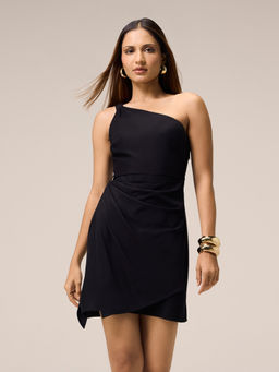 Twenty Dresses by Nykaa Fashion - Black One-Shoulder Side Ruched Wrap Panel Mini Dress