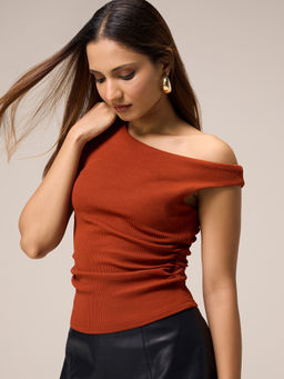 Twenty Dresses by Nykaa Fashion - Rust Sleeveless Ruched and Cowl Detail Fitted Top