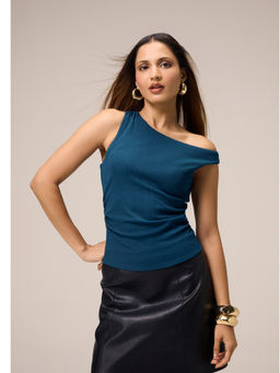 Twenty Dresses by Nykaa Fashion - Teal Sleeveless Ruched and Cowl Detail Fitted Top