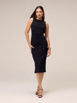 Twenty Dresses by Nykaa Fashion - Black Round Neck Side Belt Detail Ruched Bodycon Midi Dress