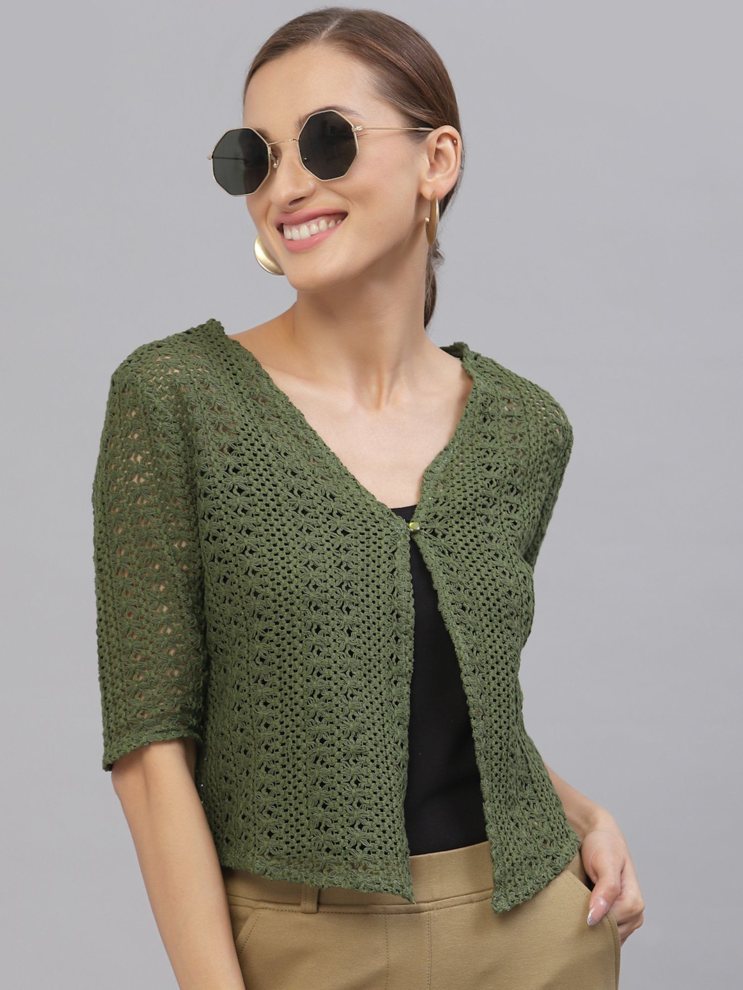 style quotient Women Self design olive cotton lace regular smart casual shrug-picture-32