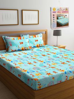 FABINALIV - Cartoon Print 300 TC Cotton Blend Double Bedsheet with 2 Pillow Covers - Aqua (King)