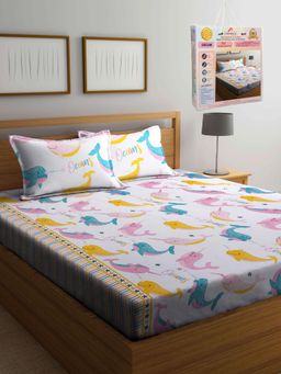 FABINALIV - Cartoon Print 300 TC Cotton Blend Double Bedsheet with 2 Pillow Covers - White (King)