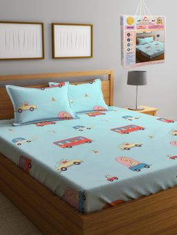 FABINALIV - Cartoon Print 300 TC Cotton Blend Double Bedsheet with 2 Pillow Covers - Blue (King)