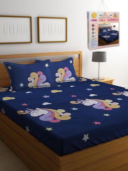 FABINALIV - Cartoon Print 300 TC Cotton Blend Double Bedsheet with 2 Pillow Covers - Navy Blue (King)