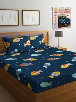 FABINALIV - Cartoon Print 300 TC Cotton Blend Double Bedsheet with 2 Pillow Covers - Blue (King)