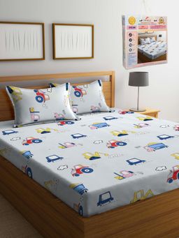 FABINALIV - Cartoon Print 300 TC Cotton Blend Double Bedsheet with 2 Pillow Covers - Grey (King)