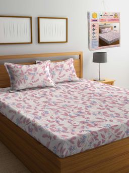 FABINALIV - Floral 300 TC Cotton Blend Double Bedsheet with 2 Pillow Covers - Pink (King)