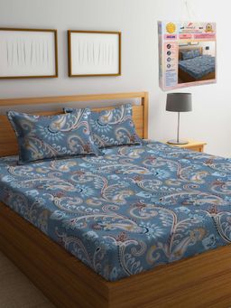 FABINALIV - Ethnic 300 TC Cotton Blend Double Bedsheet with 2 Pillow Covers - Grey (King)