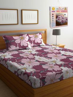 FABINALIV - Floral 300 TC Cotton Blend Double Bedsheet with 2 Pillow Covers - Red (King)