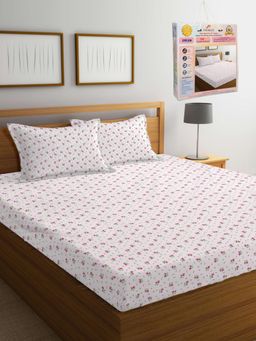 FABINALIV - White Floral 300 TC Cotton Blend Double Bedsheet with 2 Pillow Covers (King)