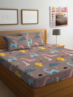 FABINALIV - Cartoon Print 300 TC Cotton Blend Double Bedsheet with 2 Pillow Covers - Brown (King)