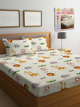 FABINALIV - Cartoon Print 300 TC Cotton Blend Double Bedsheet with 2 Pillow Covers - Off White (King)