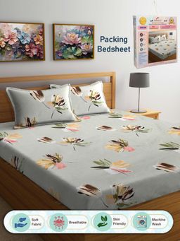 FABINALIV - Floral 300 TC Cotton Blend Double Bedsheet with 2 Pillow Covers - Grey (King)