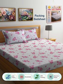 FABINALIV - White Floral 300 TC Cotton Blend Double Bedsheet with 2 Pillow Covers (King)
