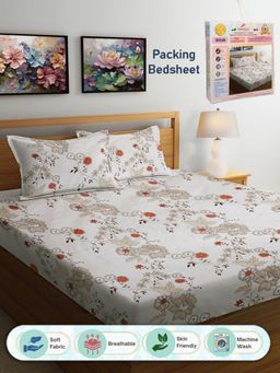 FABINALIV - Floral 300 TC Cotton Blend Double Bedsheet with 2 Pillow Covers - Off White (King)