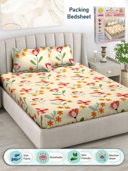 FABINALIV - Floral 300 TC Cotton Blend Double Bedsheet with 2 Pillow Covers - Blue (King)