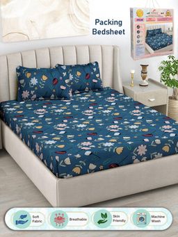 FABINALIV - Blue Floral 300 TC Cotton Blend Double Bedsheet with 2 Pillow Covers (King)
